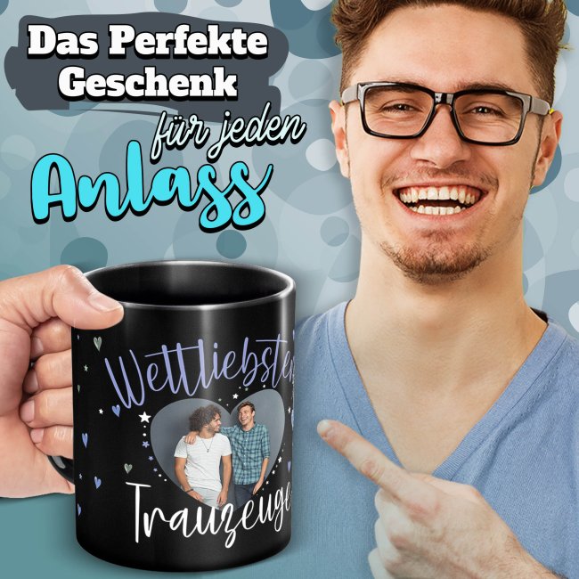 Schwarze Tasse mit Foto - Weltliebster Trauzeuge