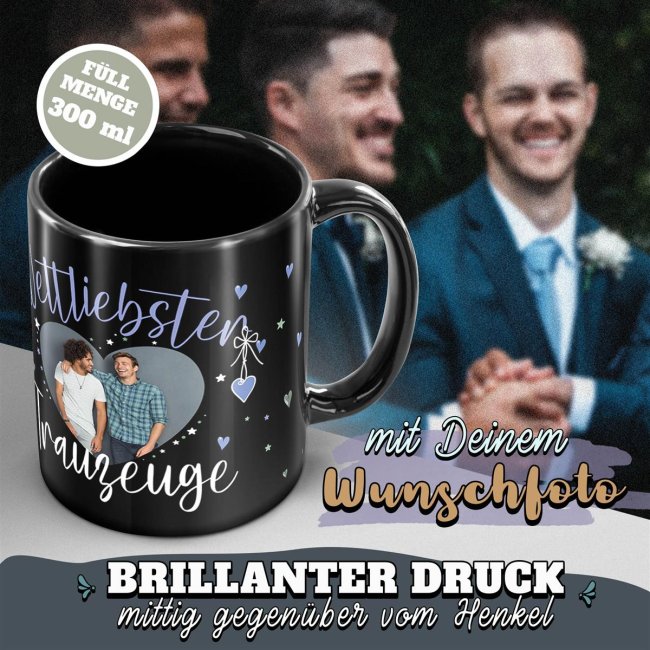 Schwarze Tasse mit Foto - Weltliebster Trauzeuge