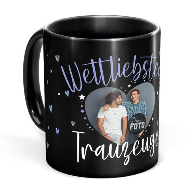 Schwarze Tasse mit Foto - Weltliebster Trauzeuge