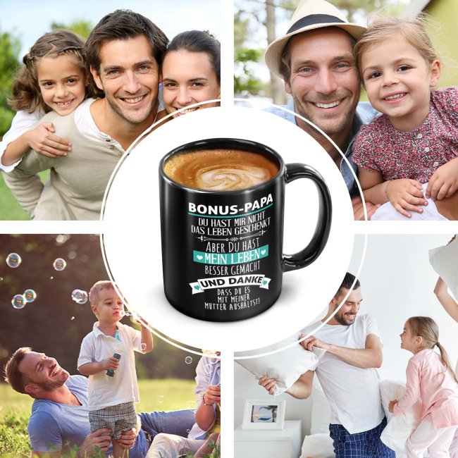 Schwarze Tasse f&uuml;r den Bonuspapa