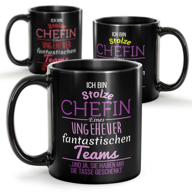 Schwarze Chefin-Tasse mit Spruch - Stolze Chefin