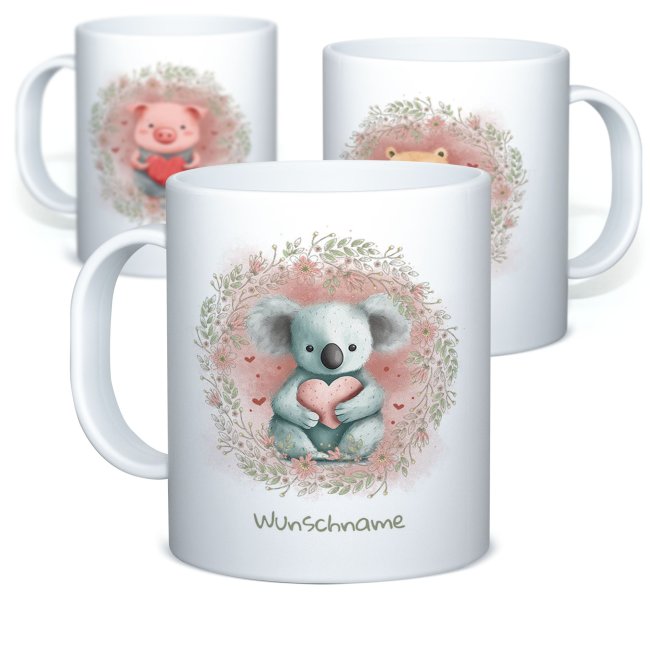 Personalisierte Kunststoff-Tasse als Geschenk f&uuml;r Kinder - mit 6 s&uuml;&szlig;en Tiermotiven zur Auswahl - mit Name personalisierbar