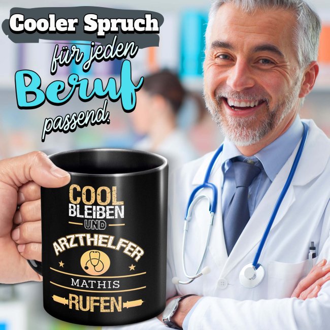 Schwarze Tasse - Arzthelfer - Berufe-Tasse mit Name