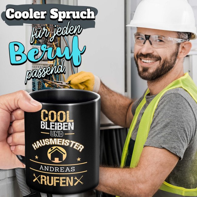 Schwarze Tasse - Hausmeister - Berufe-Tasse mit Name