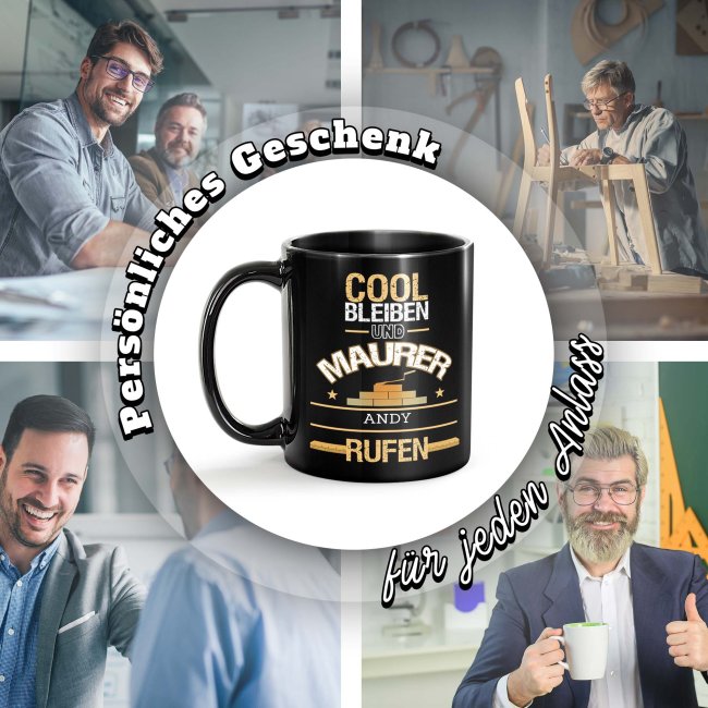 Schwarze Tasse - Maurer - Berufe-Tasse mit Name