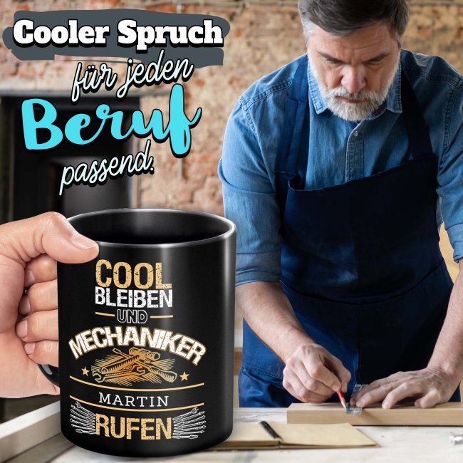 Schwarze Tasse - Mechaniker - Berufe-Tasse mit Name