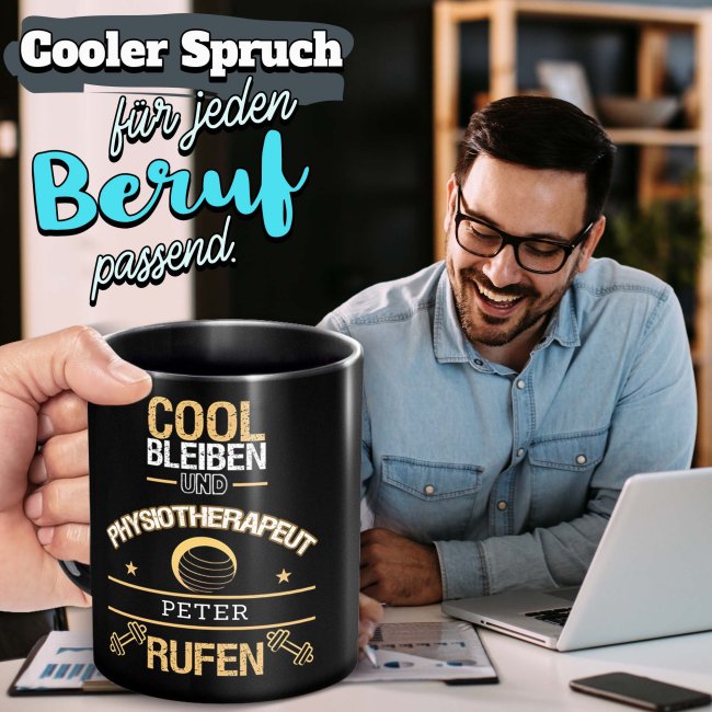 Schwarze Tasse - Physiotherapeut - Berufe-Tasse mit Name