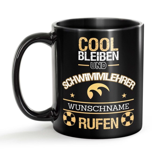 Schwarze Tasse - Schwimmlehrer - Berufe-Tasse mit Name