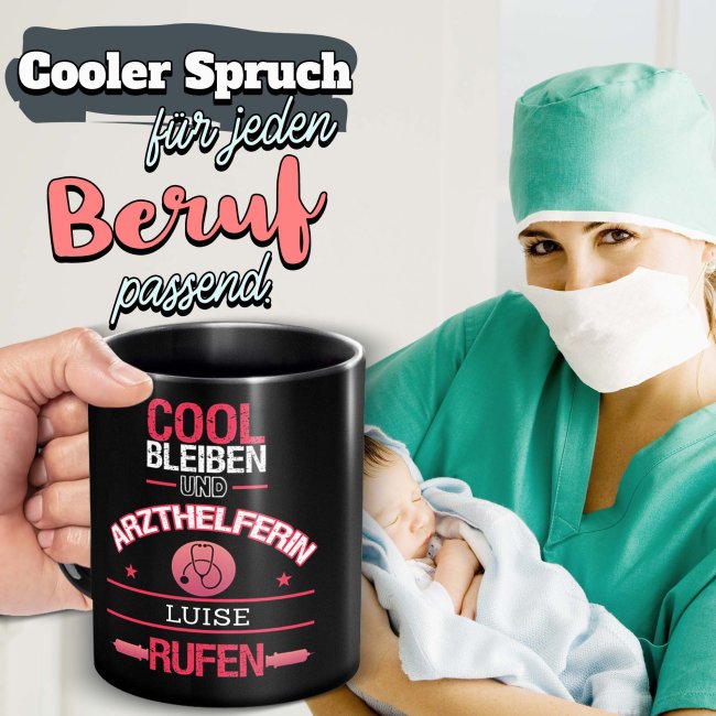 Schwarze Tasse - Arzthelferin - Berufe-Tasse mit Name