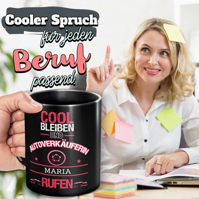 Schwarze Tasse - Autoverk&auml;uferin - Berufe-Tasse mit Name