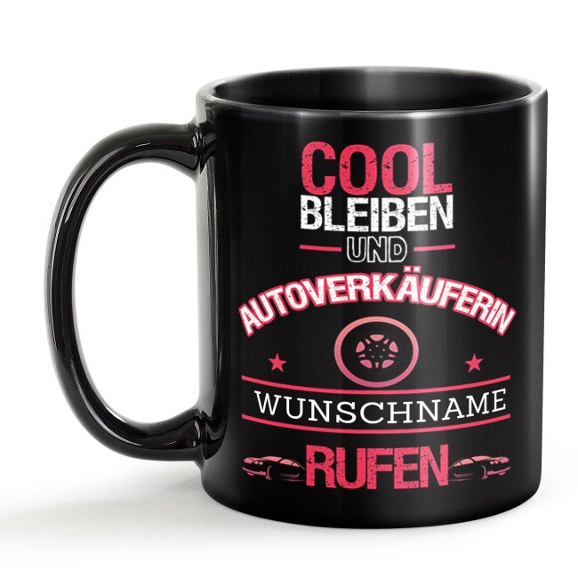 Schwarze Tasse - Autoverk&auml;uferin - Berufe-Tasse mit Name