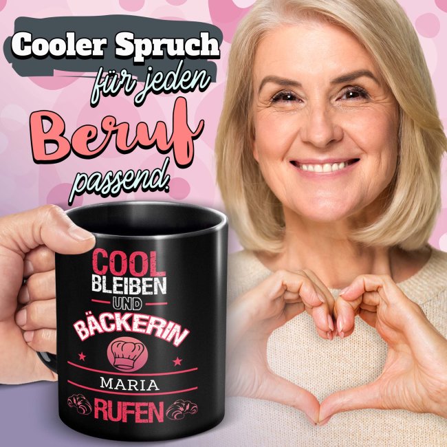 Schwarze Tasse - B&auml;ckerin - Berufe-Tasse mit Name