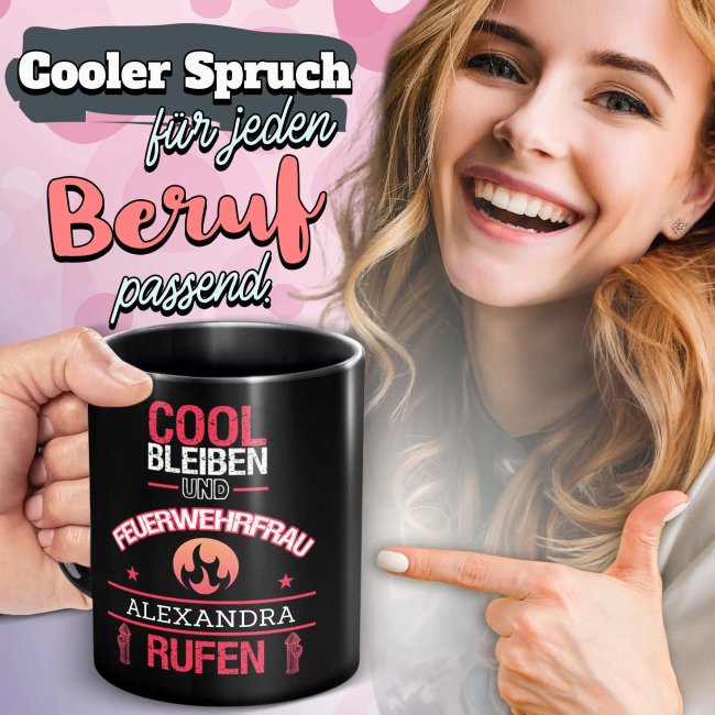 Schwarze Tasse - Feuerwehrfrau - Berufe-Tasse mit Name