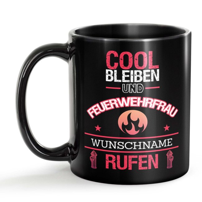 Schwarze Tasse - Feuerwehrfrau - Berufe-Tasse mit Name