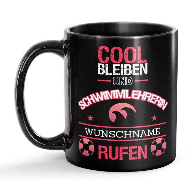 Schwarze Tasse - Schwimmlehrerin - Berufe-Tasse mit Name