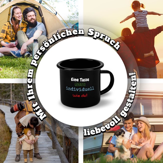 Schwarze Emaille-Tasse selbst gestalten - mit Wunschtext personalisieren