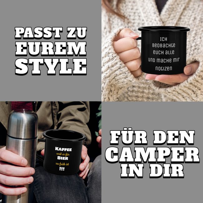 Schwarze Emaille-Tasse selbst gestalten - mit Wunschtext personalisieren