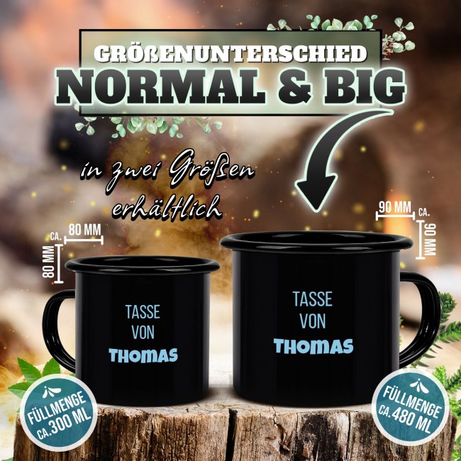 Schwarze Emaille-Tasse selbst gestalten - mit Wunschtext personalisieren