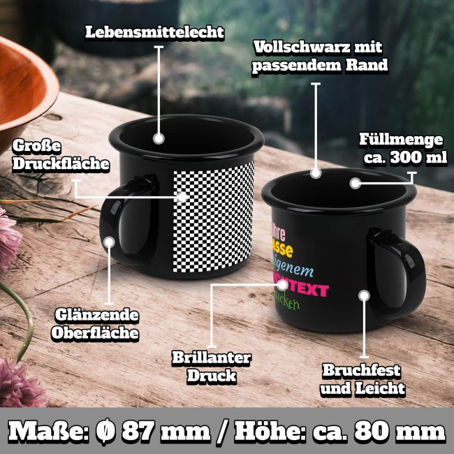 Schwarze Emaille-Tasse selbst gestalten - mit Wunschtext personalisieren