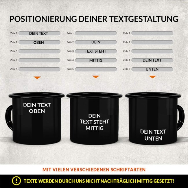 Schwarze Emaille-Tasse selbst gestalten - mit Wunschtext personalisieren