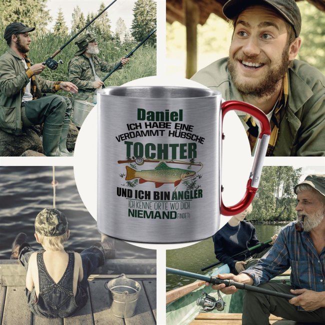 Karabiner Tasse - Angler mit h&uuml;bscher Tochter - mit Name personalisierbar