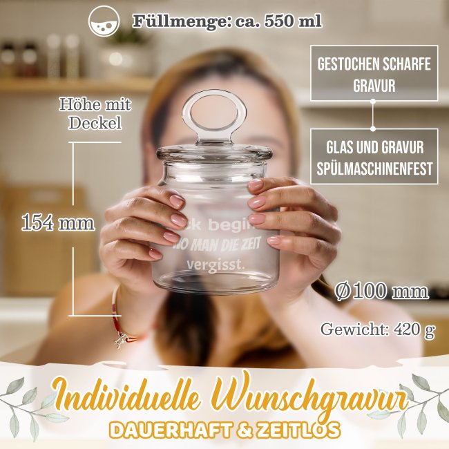 Vorratsdose aus Glas mit Gravur - mit 3 Zeilen selbst gestalten - 550 ml