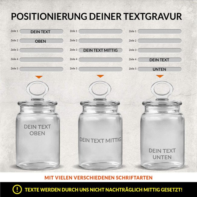 Vorratsdose aus Glas mit Gravur - mit 5 Zeilen selbst gestalten - 800 ml