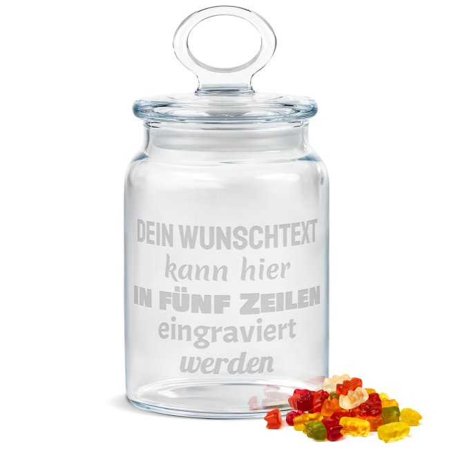 Vorratsdose aus Glas mit Gravur - mit 5 Zeilen selbst gestalten - 800 ml