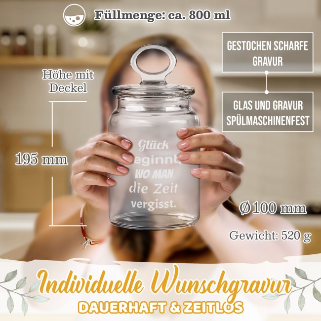 Vorratsdose aus Glas mit Gravur - mit 5 Zeilen selbst gestalten - 800 ml