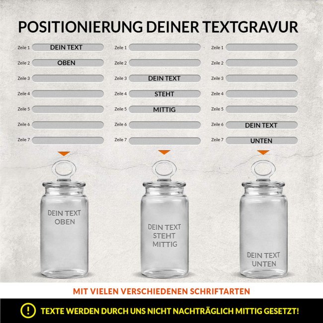 Vorratsdose aus Glas mit Gravur - mit 7 Zeilen selbst gestalten - 1100 ml