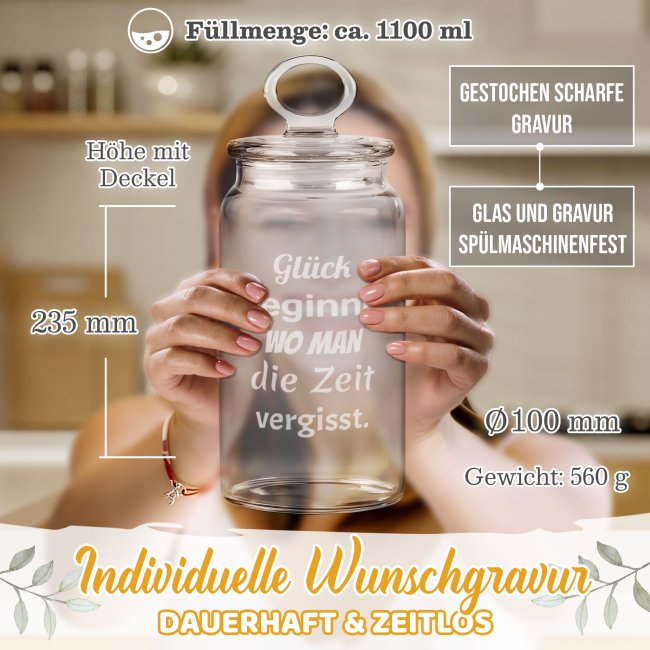 Vorratsdose aus Glas mit Gravur - mit 7 Zeilen selbst gestalten - 1100 ml