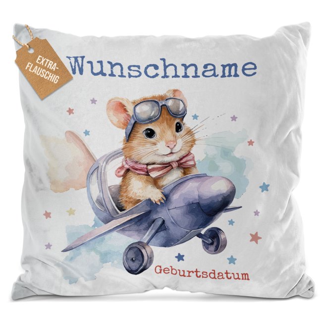 Personalisierbares Flauschkissen f&uuml;r Kinder - mit Name und Datum - Hamster - Verschiedene Farben