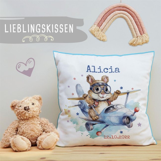 Personalisierbares Kissen f&uuml;r Kinder - mit Name und Datum - Flugh&ouml;rnchen - Verschiedene Farben