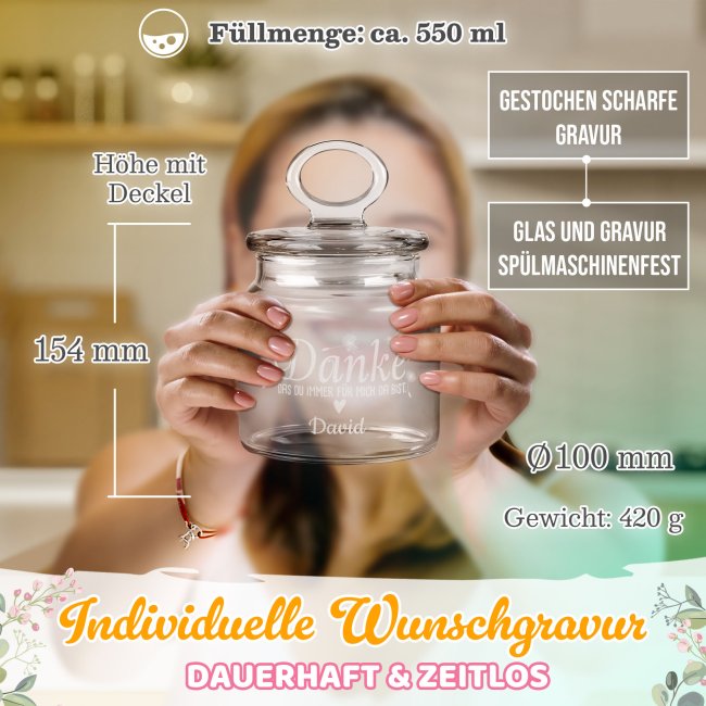 Personalisierte Vorratsdose aus Glas - Danke - mit Name gravieren - 550 ml