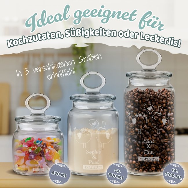 Vorratsdose aus Glas mit Gravur - mit Namen und Datum personalisieren - Verschiedene Gr&ouml;&szlig;en