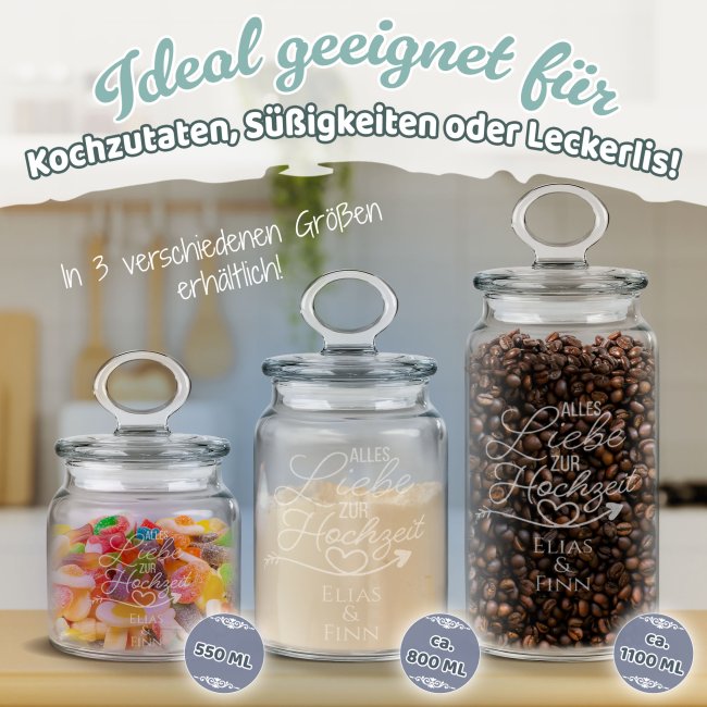 Vorratsdose aus Glas mit Gravur - Zur Hochzeit mit Namen personalisieren - Verschiedene Gr&ouml;&szlig;en