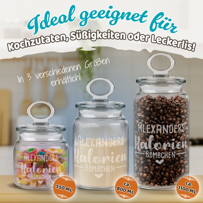 Vorratsdose aus Glas mit Gravur - Kalorien B&ouml;mbchen - mit Name - Verschiedene Gr&ouml;&szlig;en