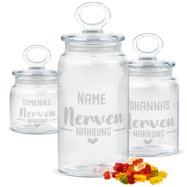 Vorratsdose aus Glas mit Gravur - Nerven Nahrung - mit Name - Verschiedene Gr&ouml;&szlig;en