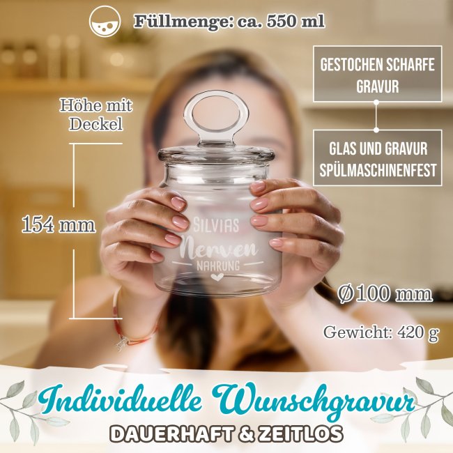 Vorratsdose aus Glas mit Gravur - Nerven Nahrung - mit Name - 550 ml