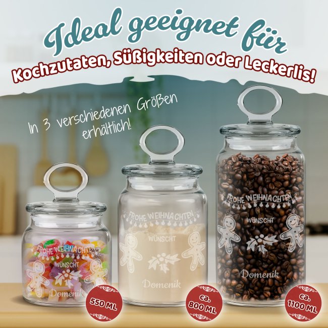 Vorratsdose aus Glas mit Gravur - Frohe Weihnachten - Lebkuchen - mit Name - Verschiedene Gr&ouml;&szlig;en