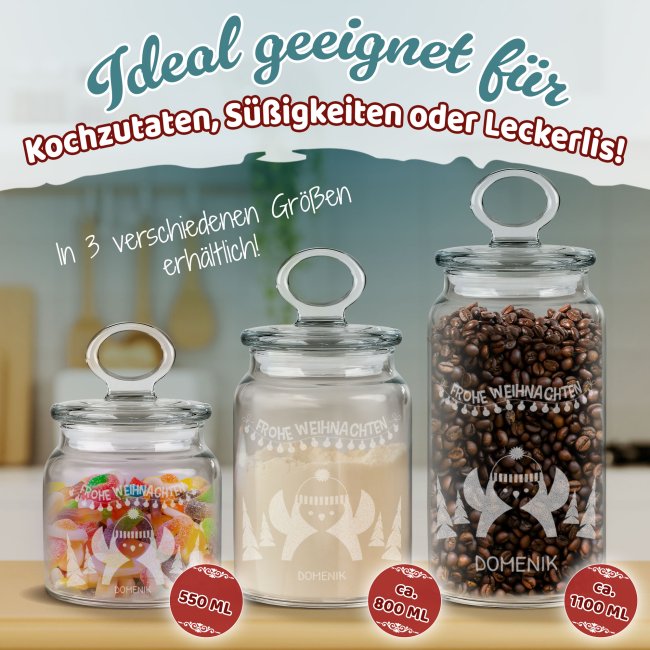 Vorratsdose aus Glas mit Gravur - Frohe Weihnachten - Pinguin - mit Name - Verschiedene Gr&ouml;&szlig;en