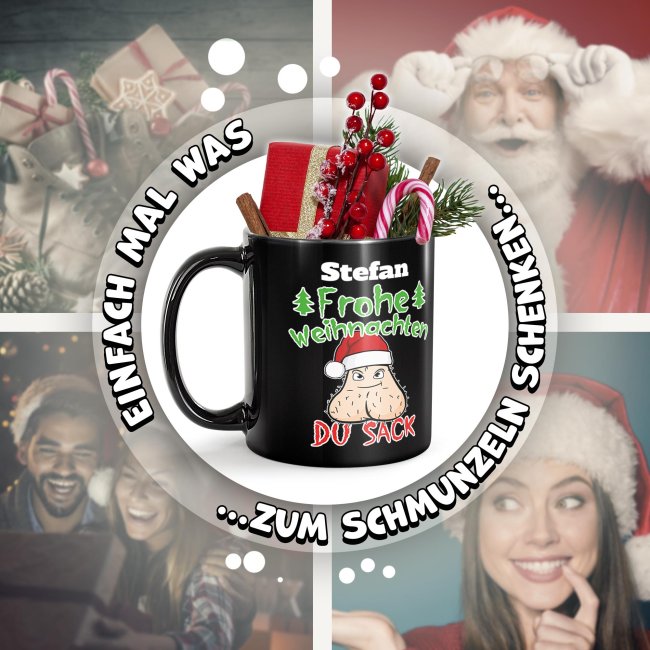 Schwarze Tasse - Frohe Weihnachten, du Sack - mit Name