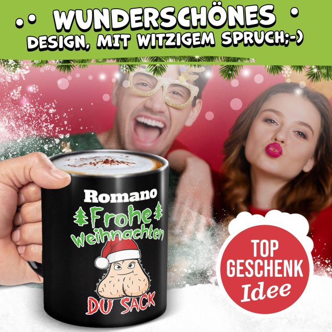 Schwarze Tasse - Frohe Weihnachten, du Sack - mit Name