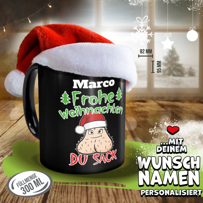 Schwarze Tasse - Frohe Weihnachten, du Sack - mit Name