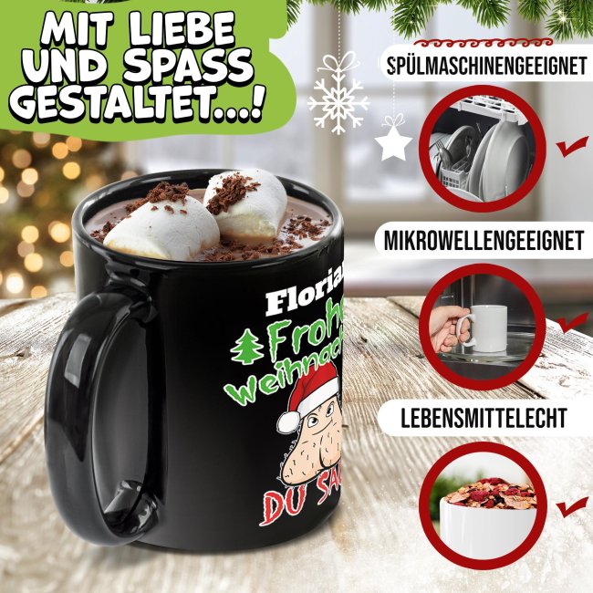 Schwarze Tasse - Frohe Weihnachten, du Sack - mit Name