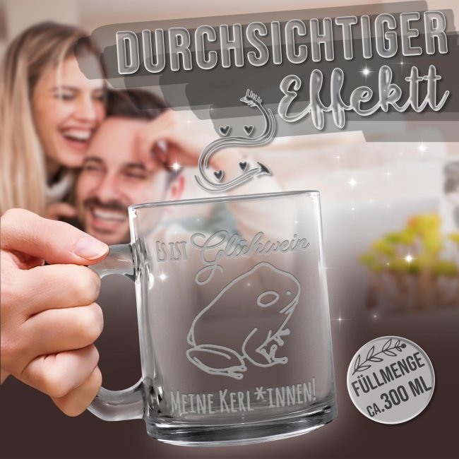 Glastasse mit Gravur - mit lustigem Spruch - Es ist Gl&uuml;hwein Meine Kerl*innen