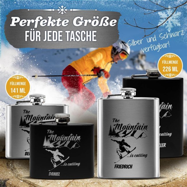 Personalisierter Flachmann mit Gravur - mit Name - The mountain is calling! - zwei Gr&ouml;&szlig;en und zwei Farben