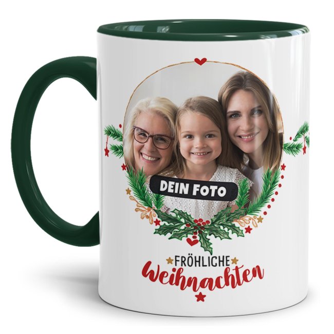Weihnachtstasse mit Foto selbst gestalten - Innen &amp; Henkel Dunkelgr&uuml;n