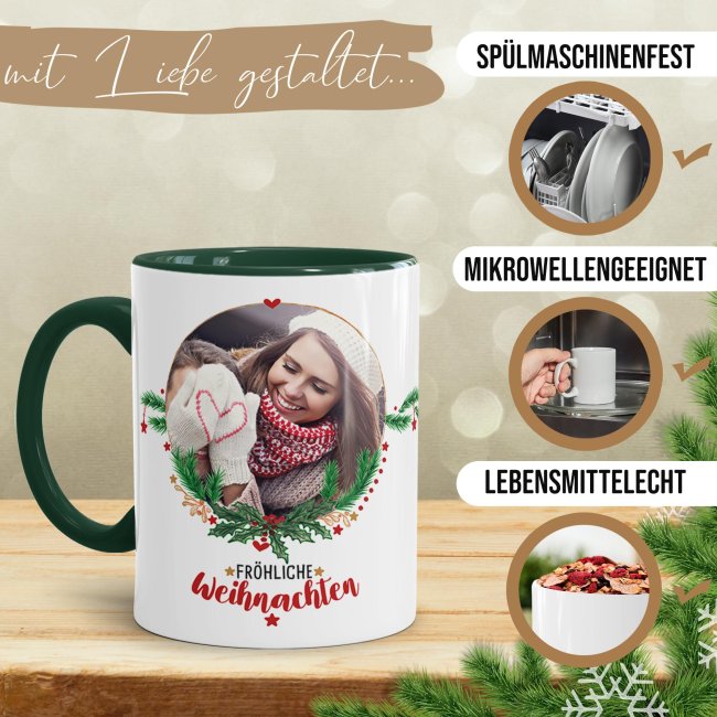 Weihnachtstasse mit Foto selbst gestalten - Innen &amp; Henkel Dunkelgr&uuml;n