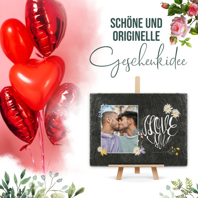 Schiefersteinplatte mit Foto - I love you - in 2 Gr&ouml;&szlig;en mit Staffelei